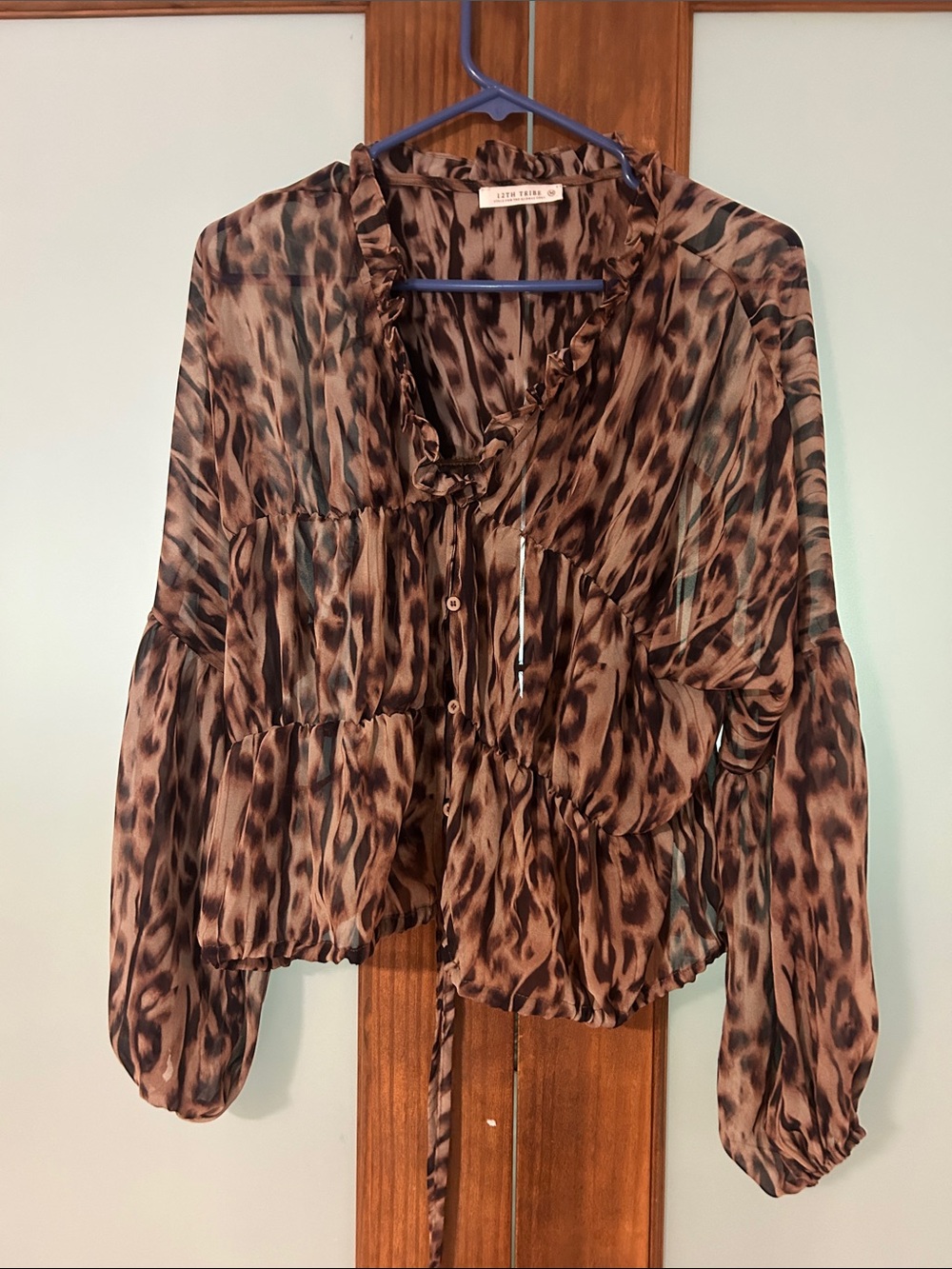 12th Tribe Animal Print Ruffle Button-Front Blouse - Brown